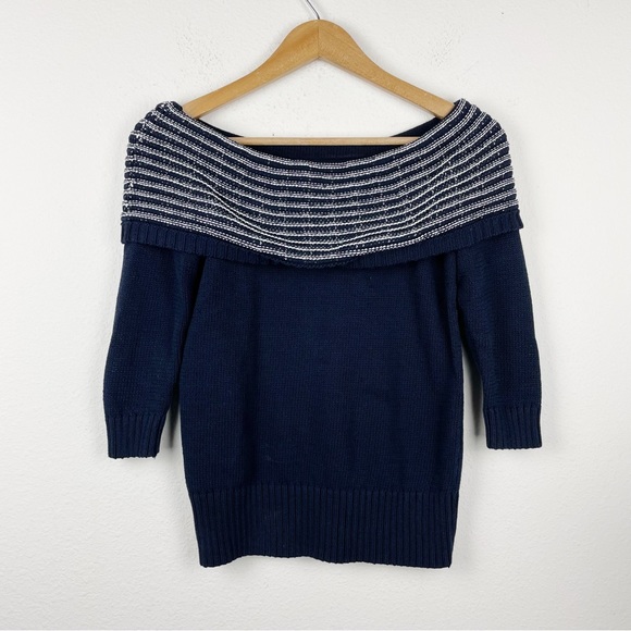 Y2K 90s Off The Shoulder Navy Blue Sweater - Picture 3 of 6